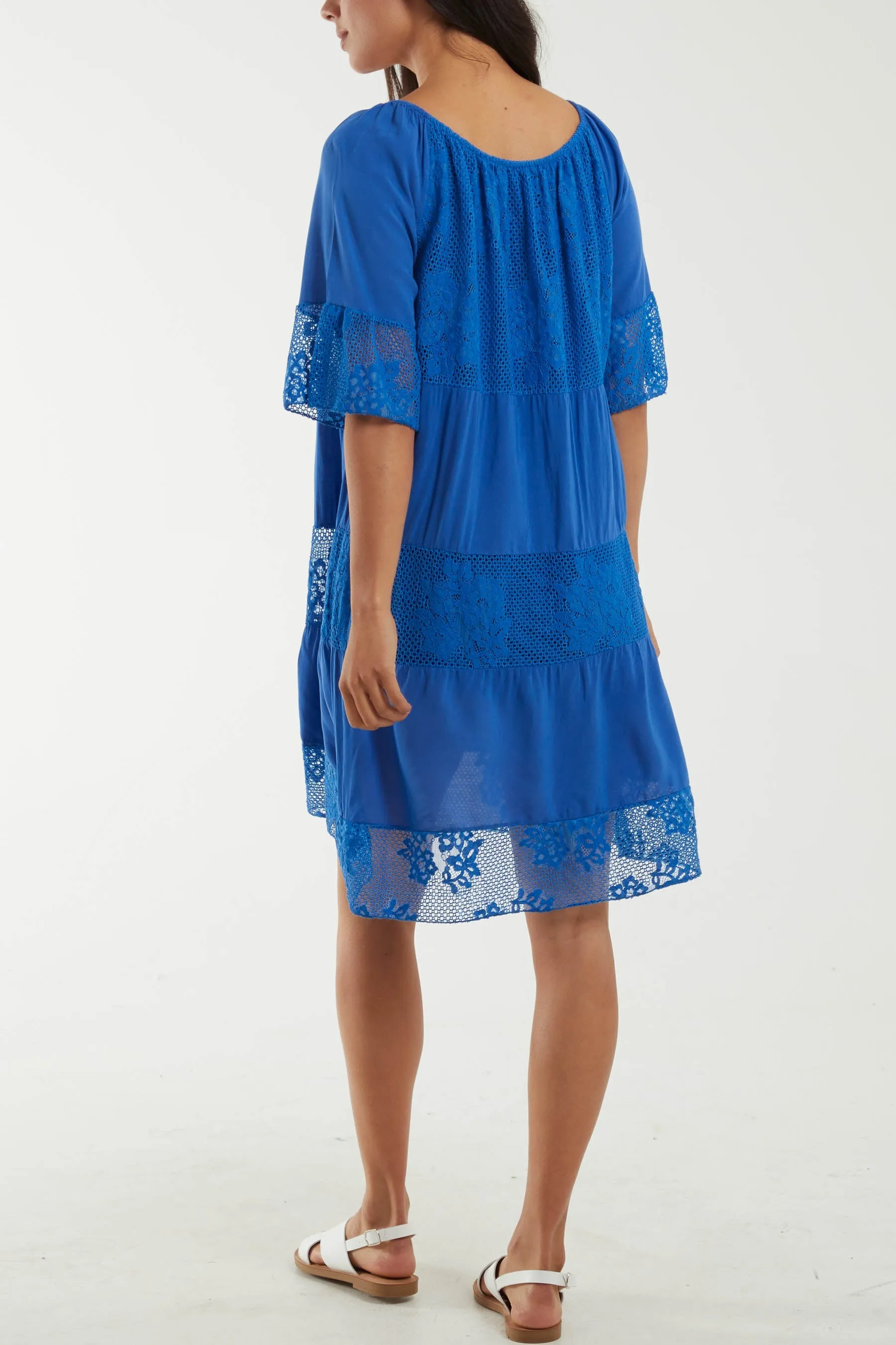 Scoop Neck Tie Lace Tiered Midi Dress