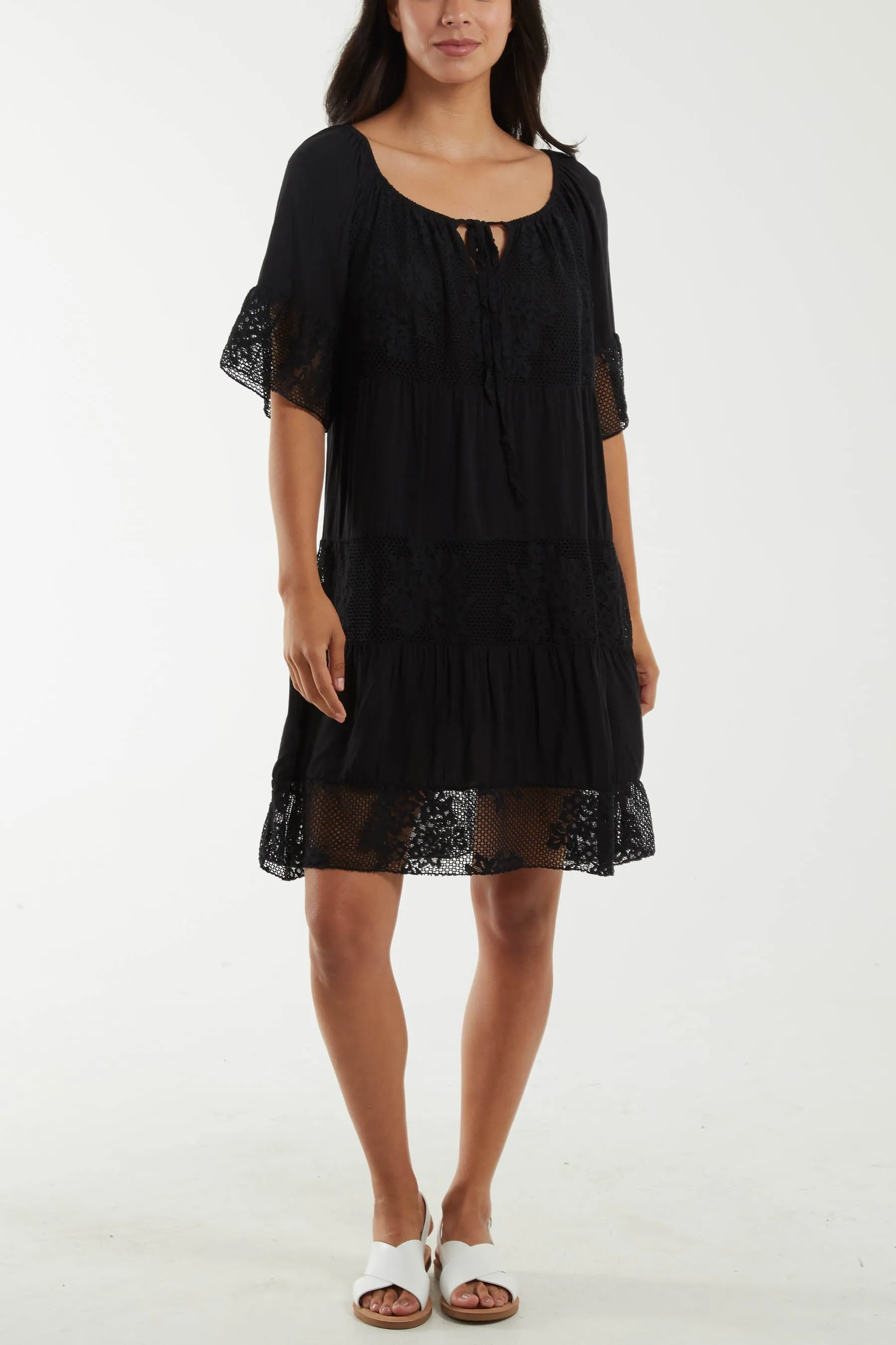 Scoop Neck Tie Lace Tiered Midi Dress