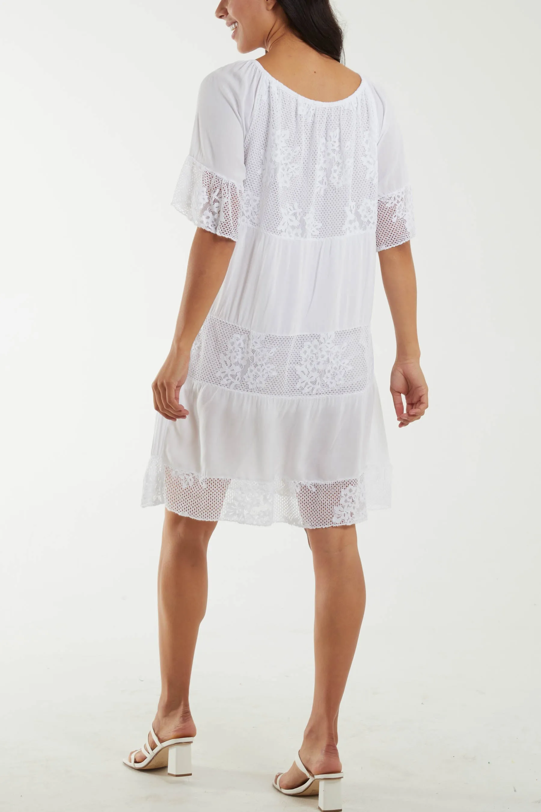 Scoop Neck Tie Lace Tiered Midi Dress