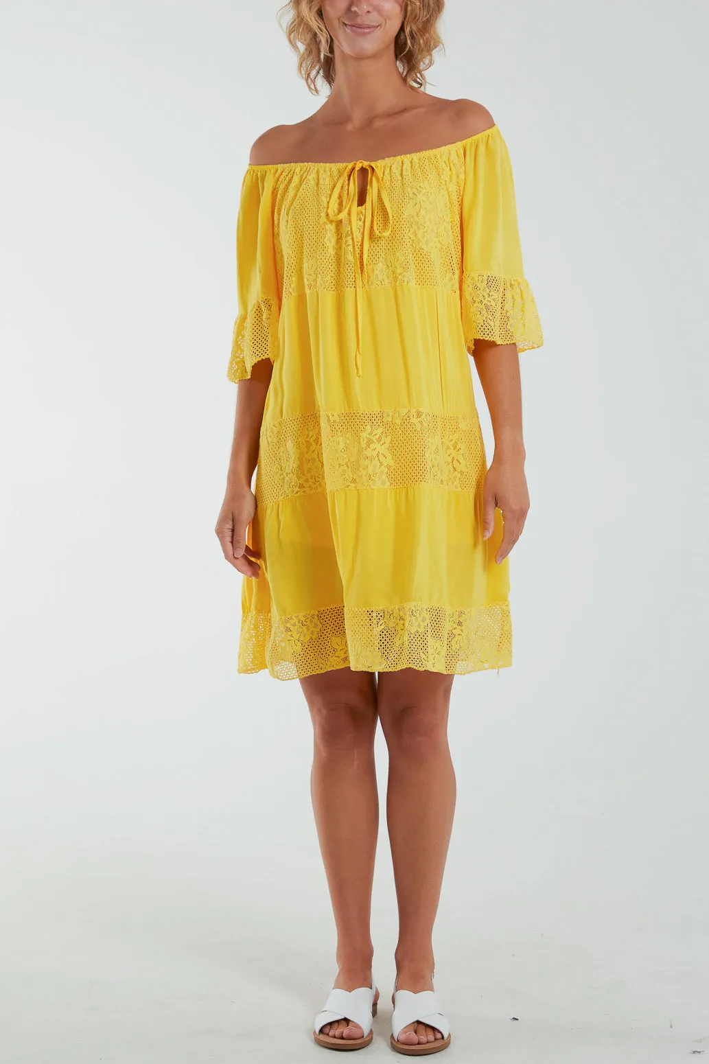 Scoop Neck Tie Lace Tiered Midi Dress