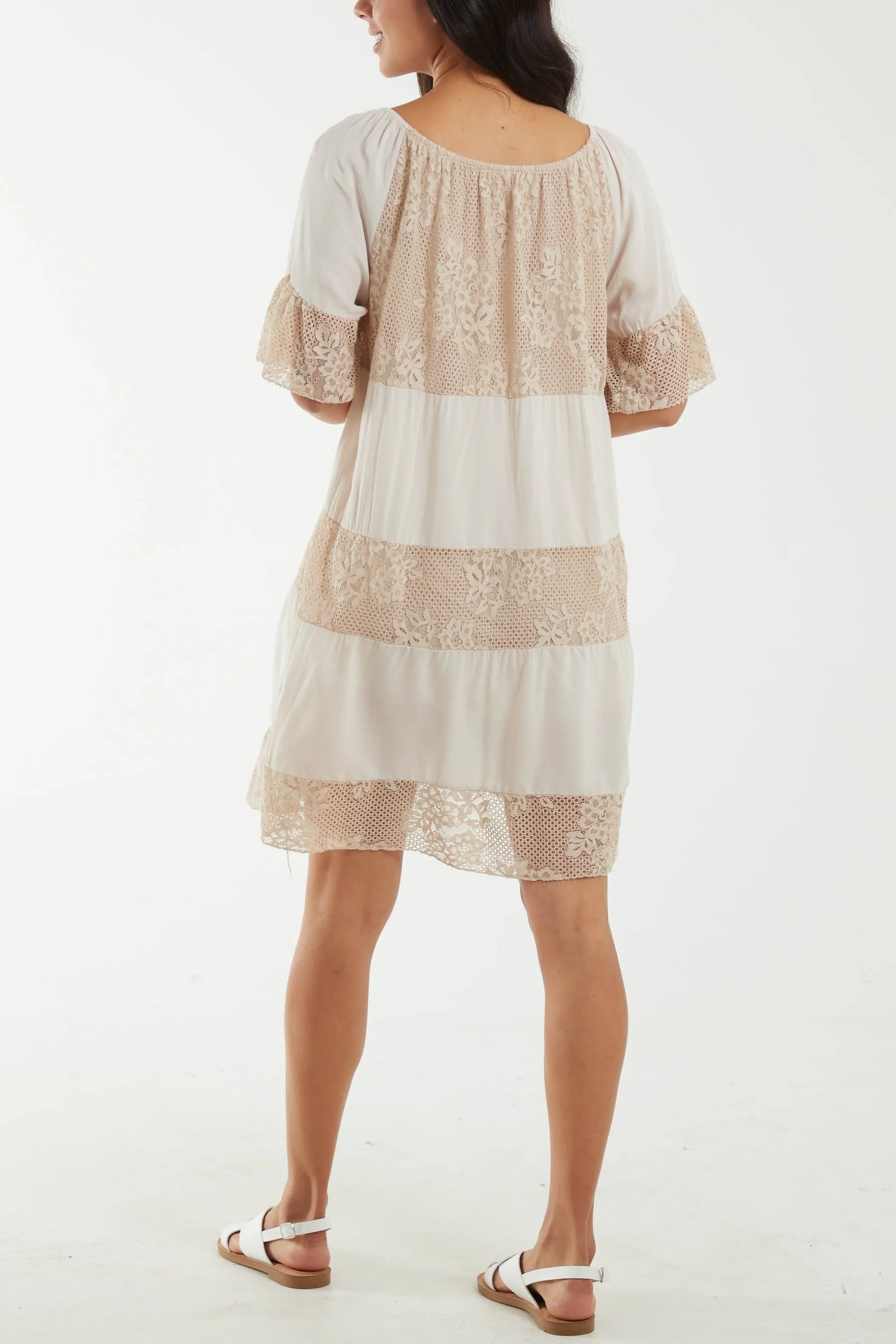 Scoop Neck Tie Lace Tiered Midi Dress