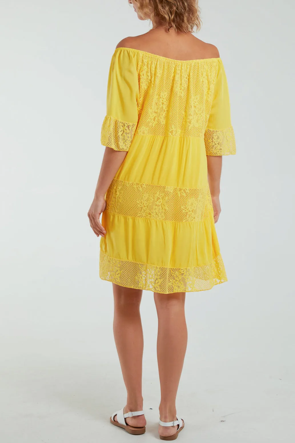 Scoop Neck Tie Lace Tiered Midi Dress