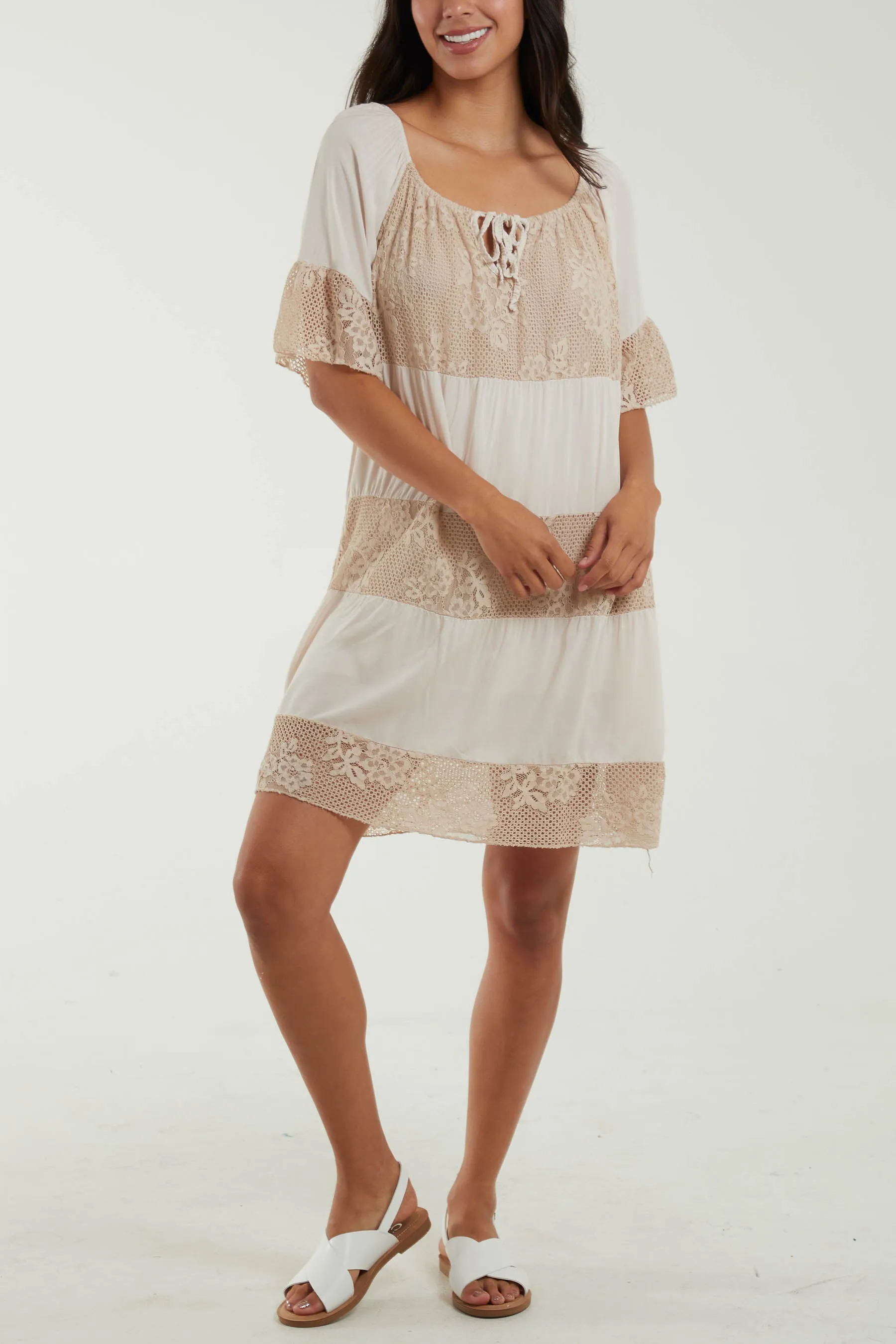 Scoop Neck Tie Lace Tiered Midi Dress