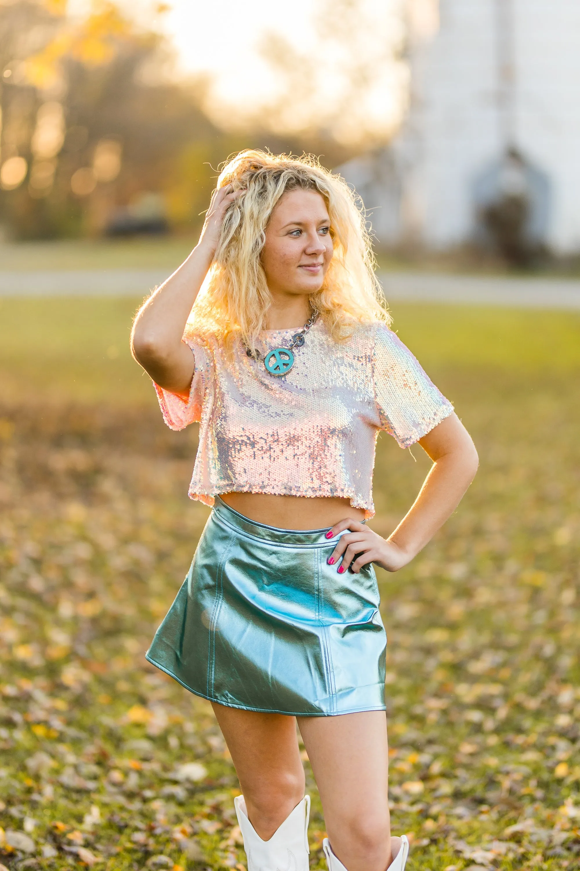 Sequin Short Sleeve Crop