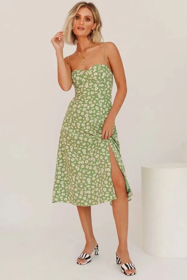 Sexy Suspenders Split Floral Daisy Midi Dresses
