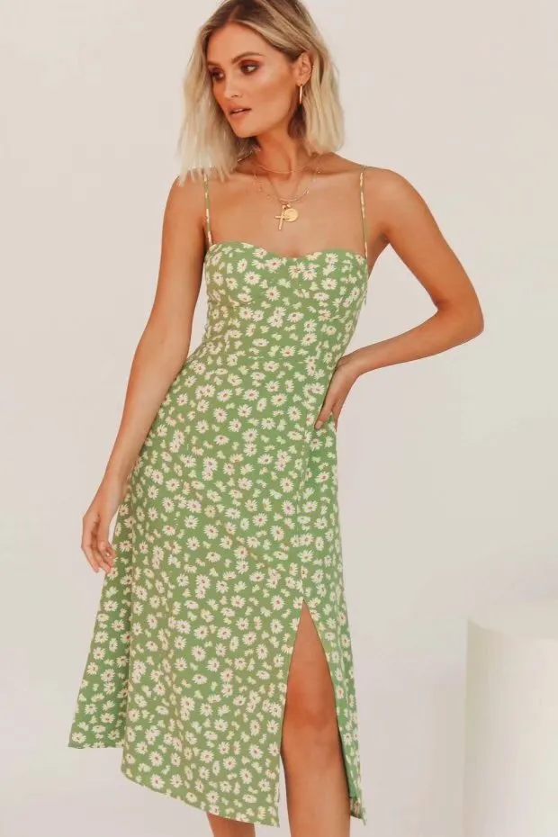 Sexy Suspenders Split Floral Daisy Midi Dresses