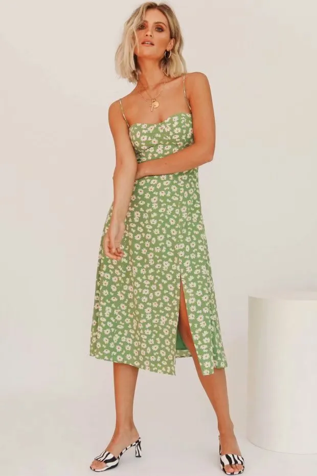 Sexy Suspenders Split Floral Daisy Midi Dresses
