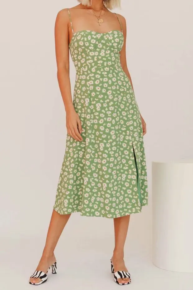 Sexy Suspenders Split Floral Daisy Midi Dresses