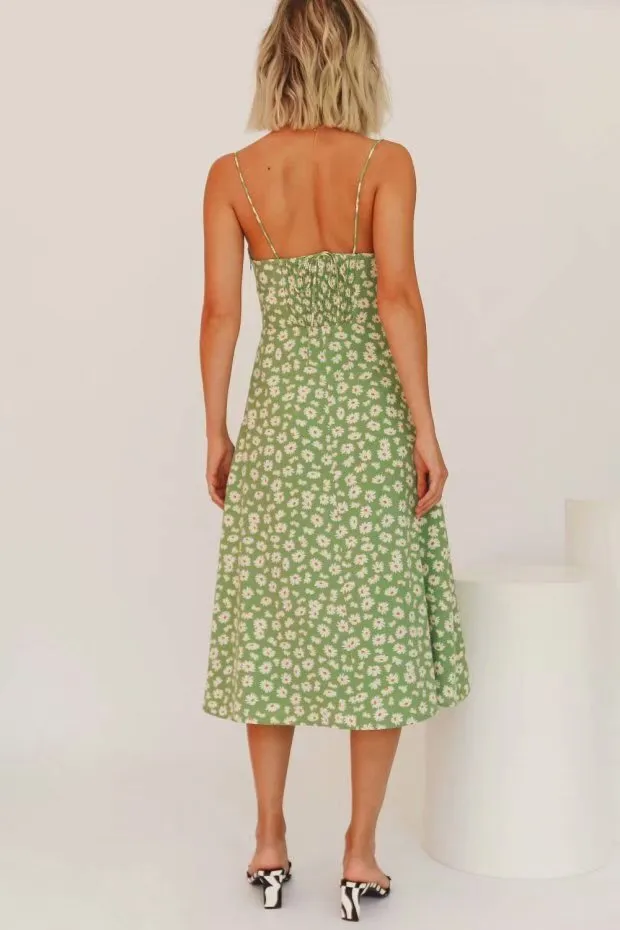 Sexy Suspenders Split Floral Daisy Midi Dresses