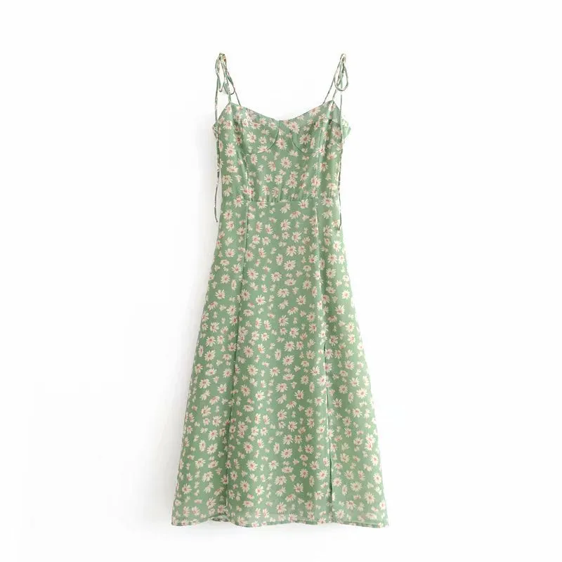 Sexy Suspenders Split Floral Daisy Midi Dresses
