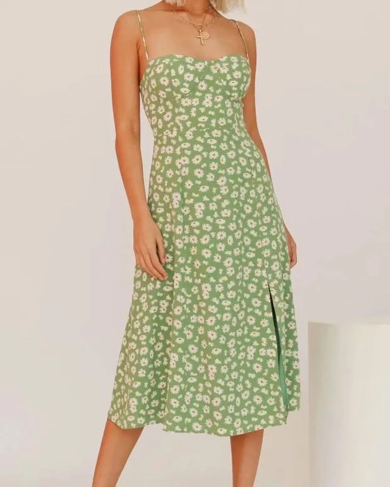 Sexy Suspenders Split Floral Daisy Midi Dresses