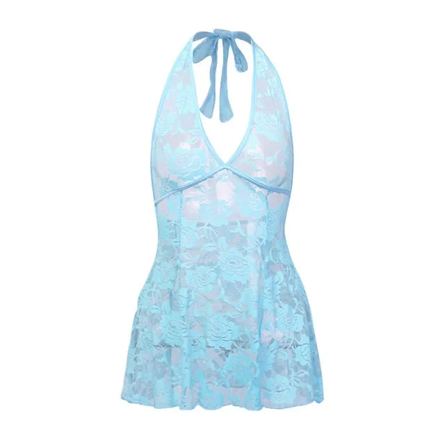 Shestyle Lace Mesh Sexy Halter Camis Scoop Back Backless Blue Deep V Neck Flare Flower Embroidery Strappy Tops See Through Dress