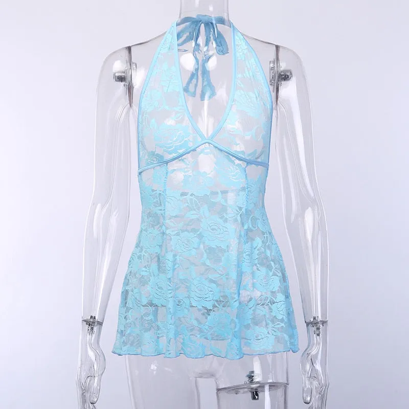 Shestyle Lace Mesh Sexy Halter Camis Scoop Back Backless Blue Deep V Neck Flare Flower Embroidery Strappy Tops See Through Dress