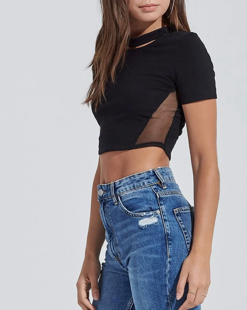 Short Sleeve Cut Out Mesh Crewneck Crop Top
