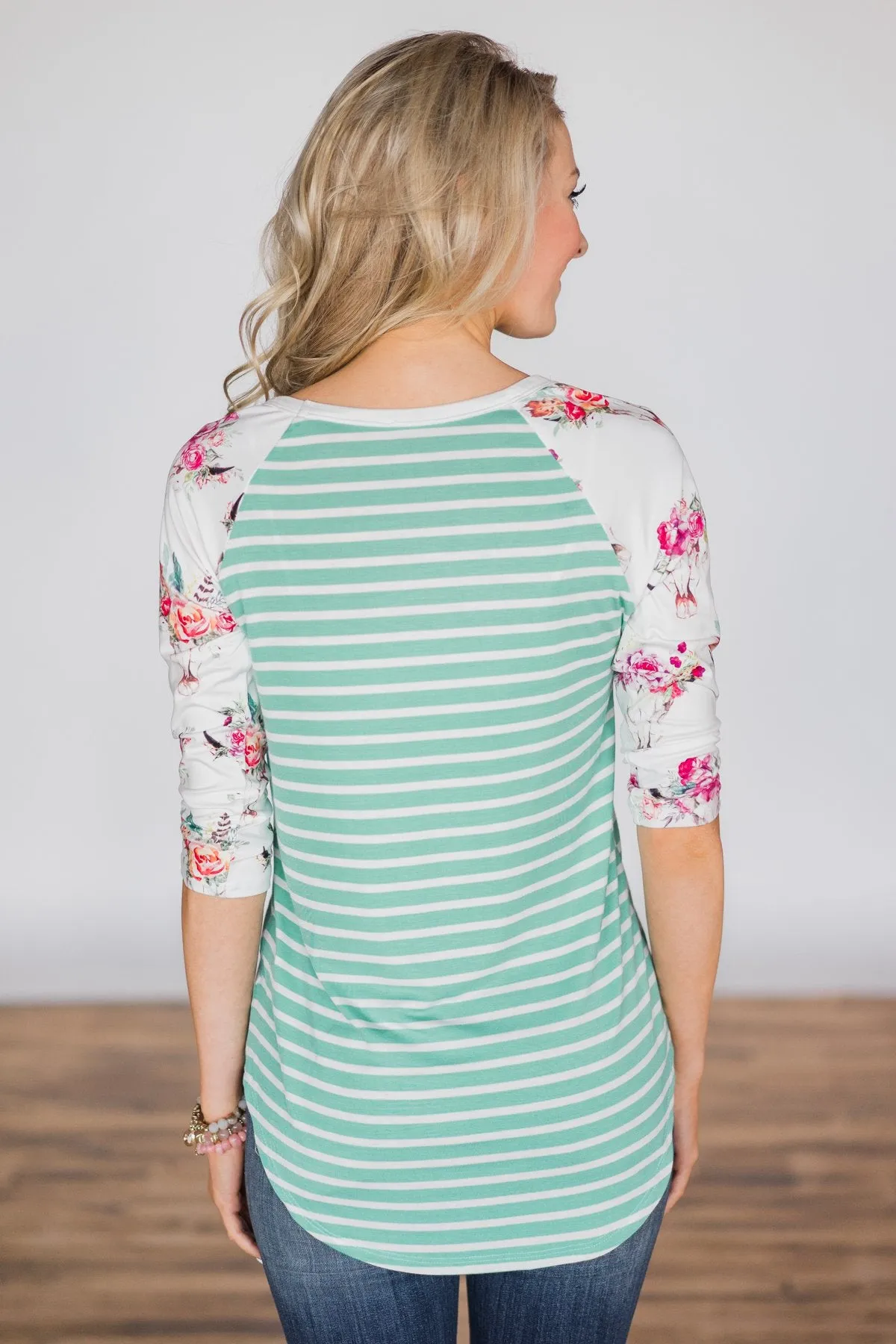 Skull & Stripes 3/4 Sleeve Top - Mint