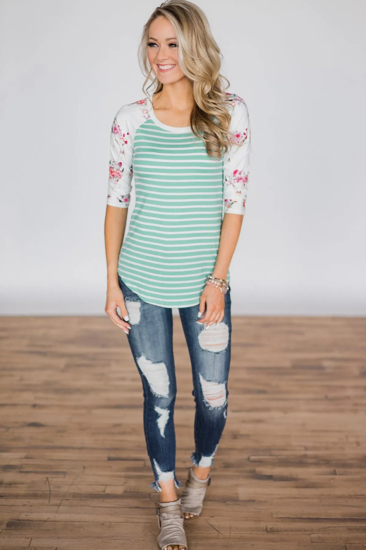 Skull & Stripes 3/4 Sleeve Top - Mint