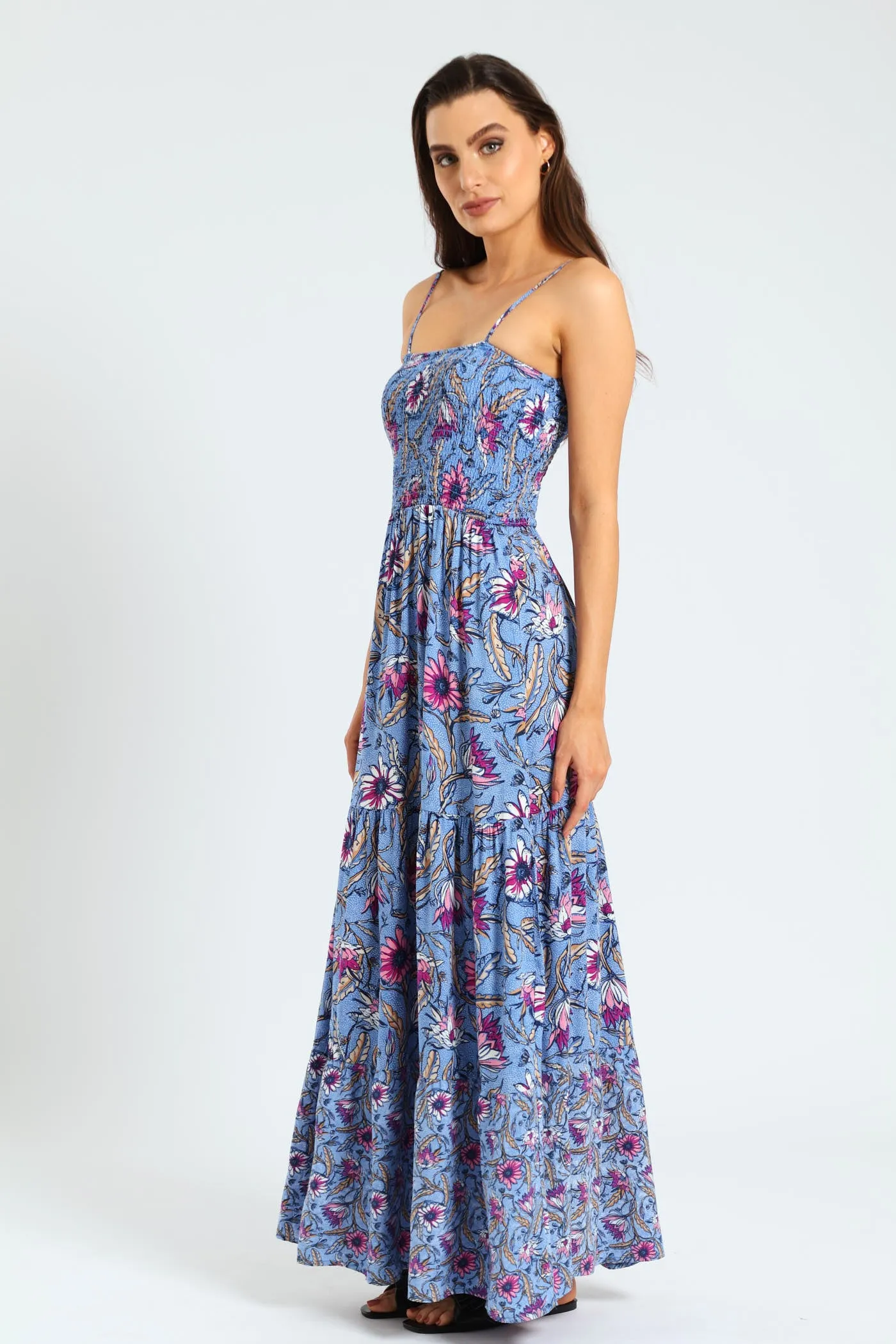 Sleeveless Strappy Shirred Tiered Maxi Dress - Multi