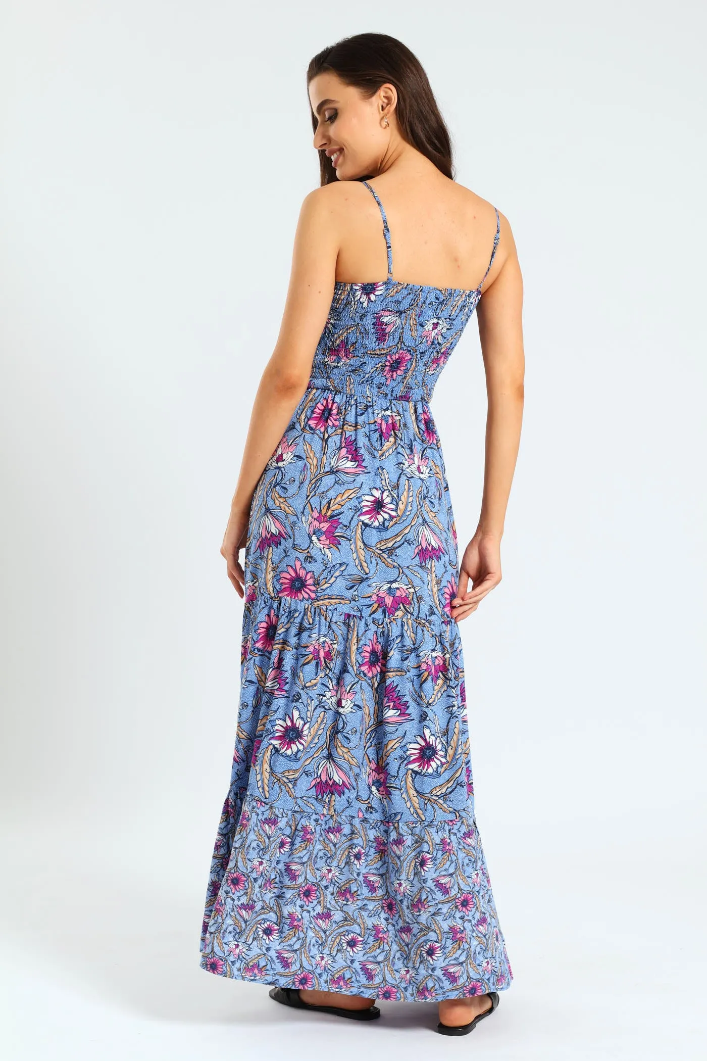 Sleeveless Strappy Shirred Tiered Maxi Dress - Multi