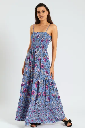 Sleeveless Strappy Shirred Tiered Maxi Dress - Multi