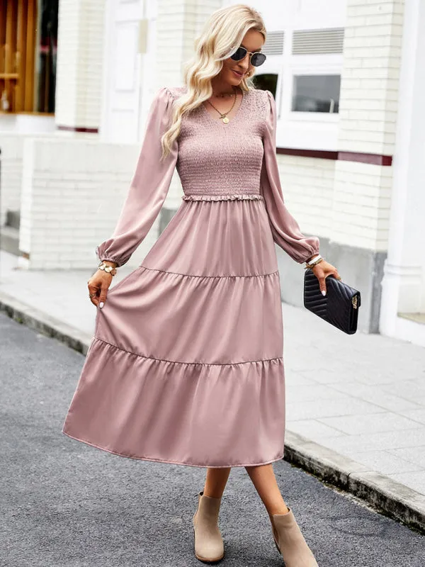 Smocked Bodice Midi Dress with Ruffles and V-Neck