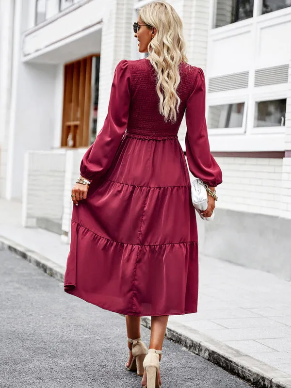 Smocked Bodice Midi Dress with Ruffles and V-Neck
