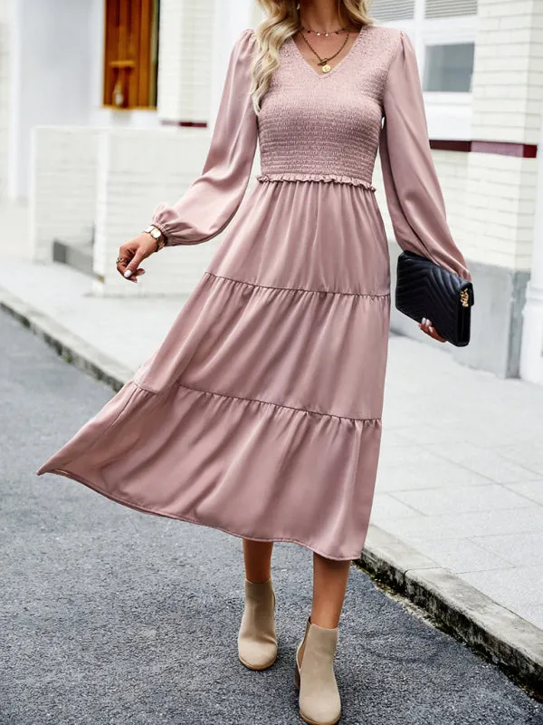 Smocked Bodice Midi Dress with Ruffles and V-Neck
