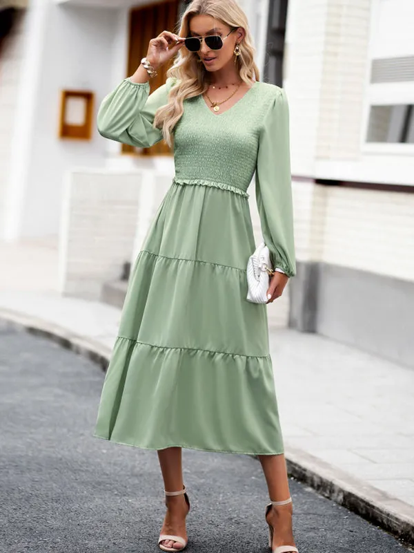 Smocked Bodice Midi Dress with Ruffles and V-Neck