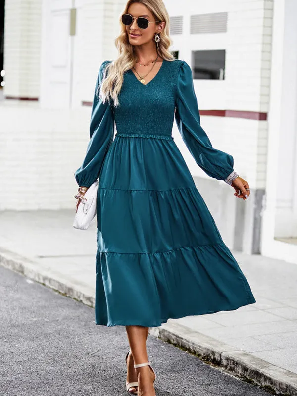 Smocked Bodice Midi Dress with Ruffles and V-Neck