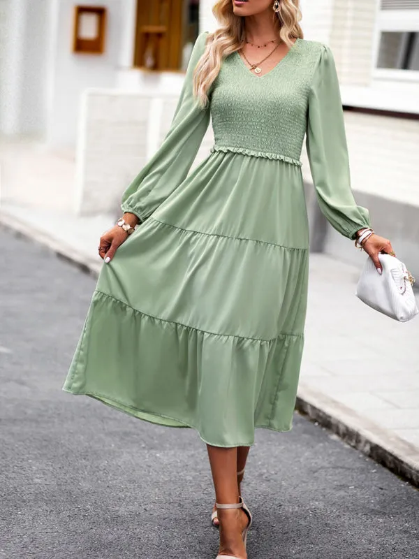 Smocked Bodice Midi Dress with Ruffles and V-Neck