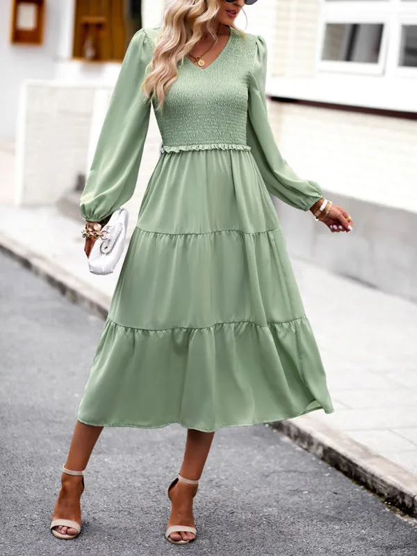 Smocked Bodice Midi Dress with Ruffles and V-Neck
