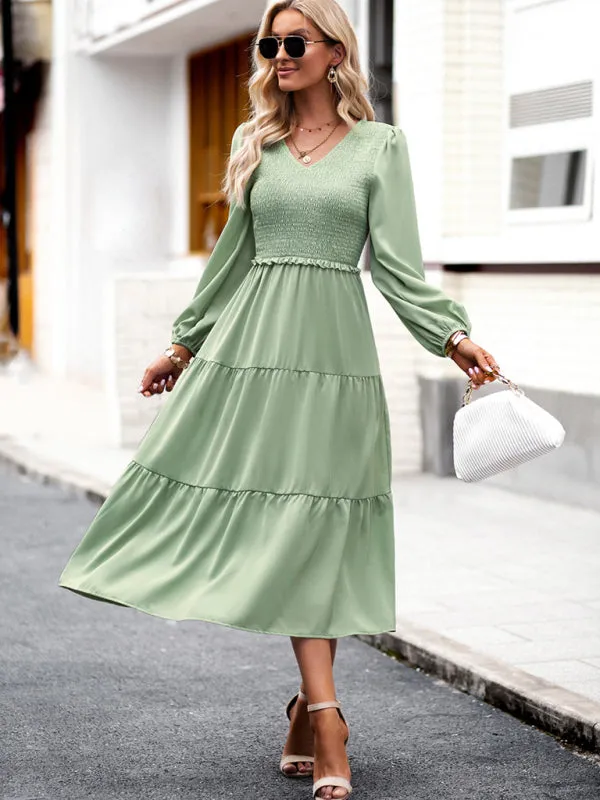 Smocked Bodice Midi Dress with Ruffles and V-Neck