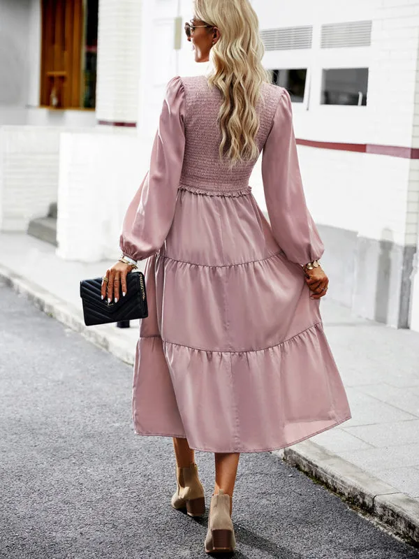 Smocked Bodice Midi Dress with Ruffles and V-Neck