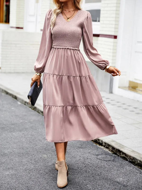 Smocked Bodice Midi Dress with Ruffles and V-Neck