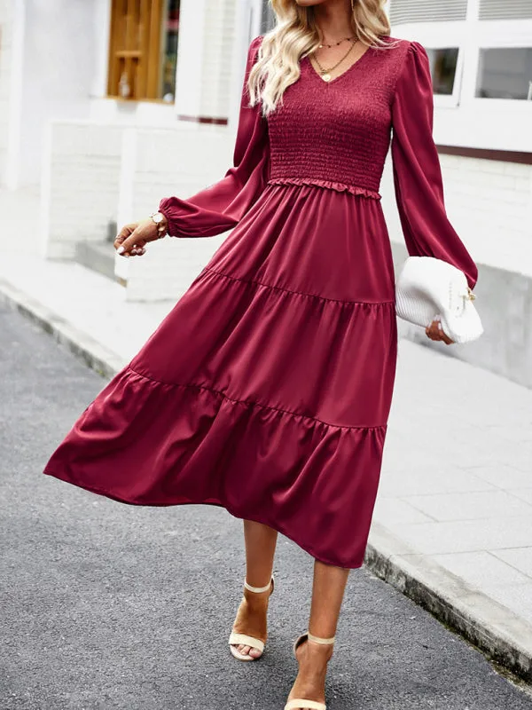 Smocked Bodice Midi Dress with Ruffles and V-Neck