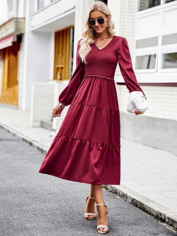 Smocked Bodice Midi Dress with Ruffles and V-Neck