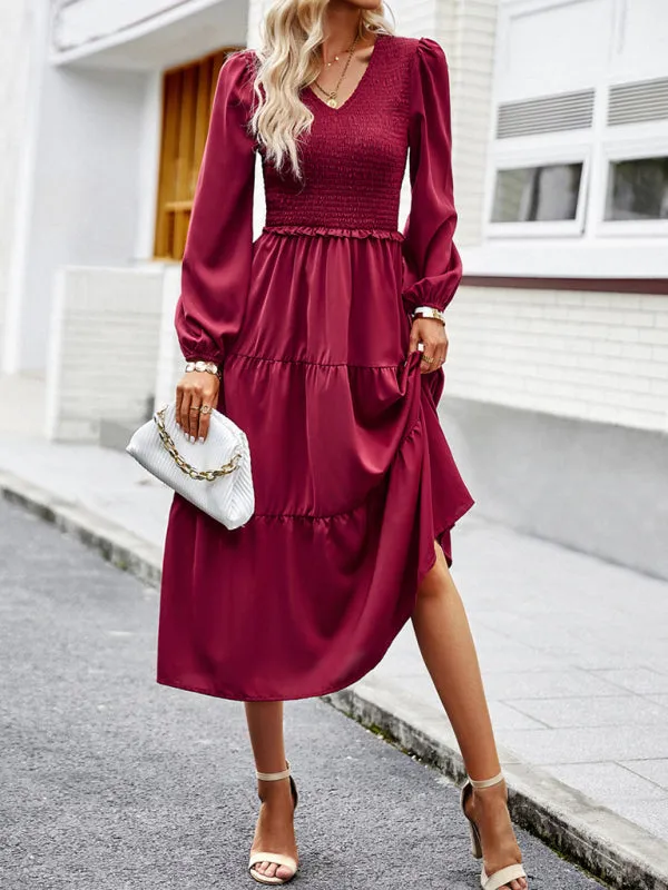 Smocked Bodice Midi Dress with Ruffles and V-Neck