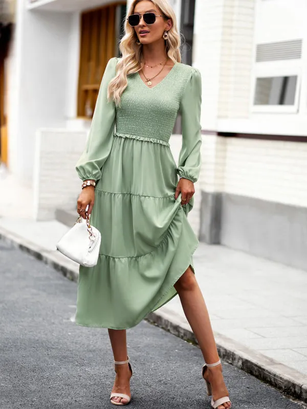 Smocked Bodice Midi Dress with Ruffles and V-Neck