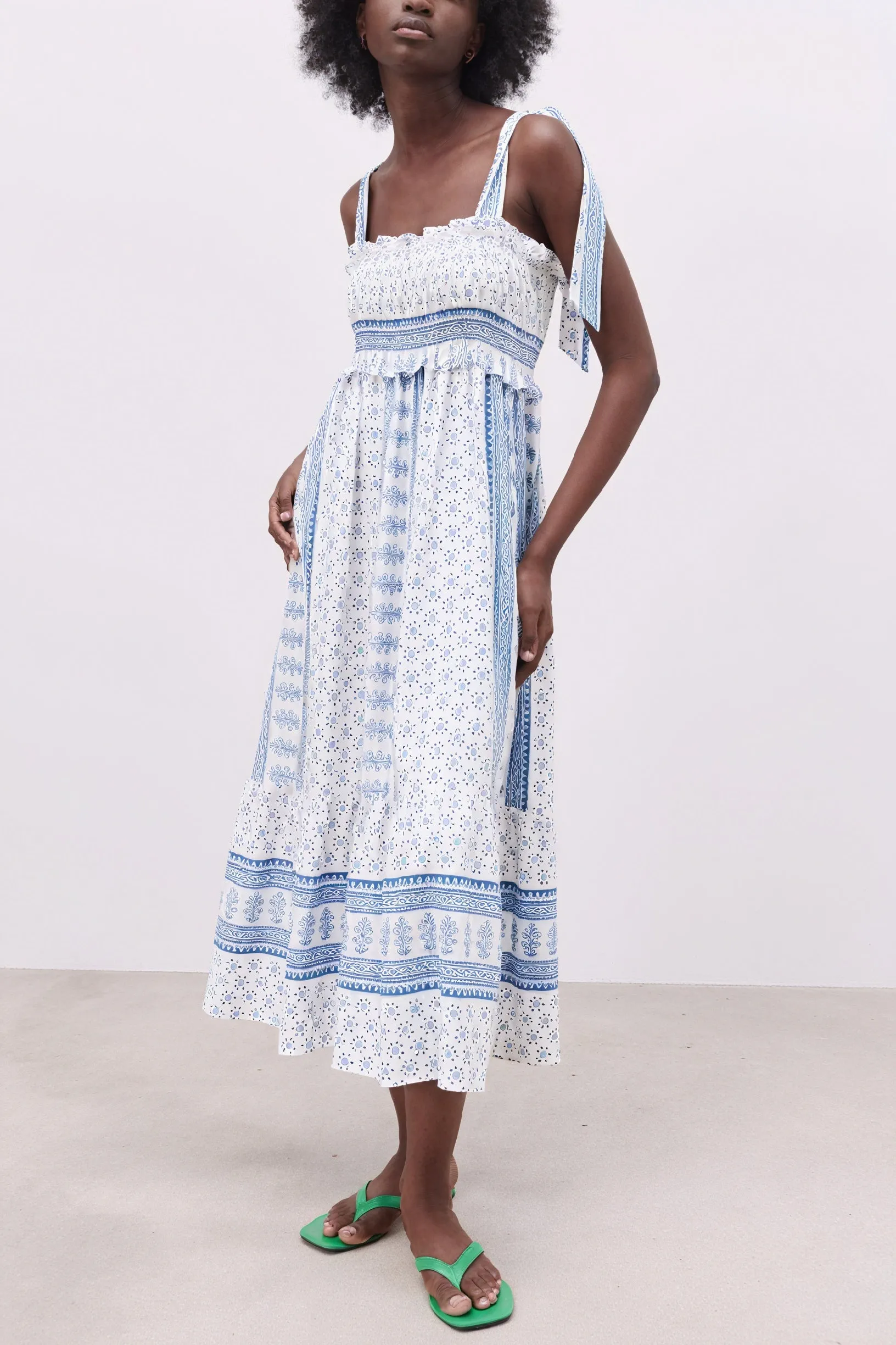 Smocked Midi Dress with Tie Straps