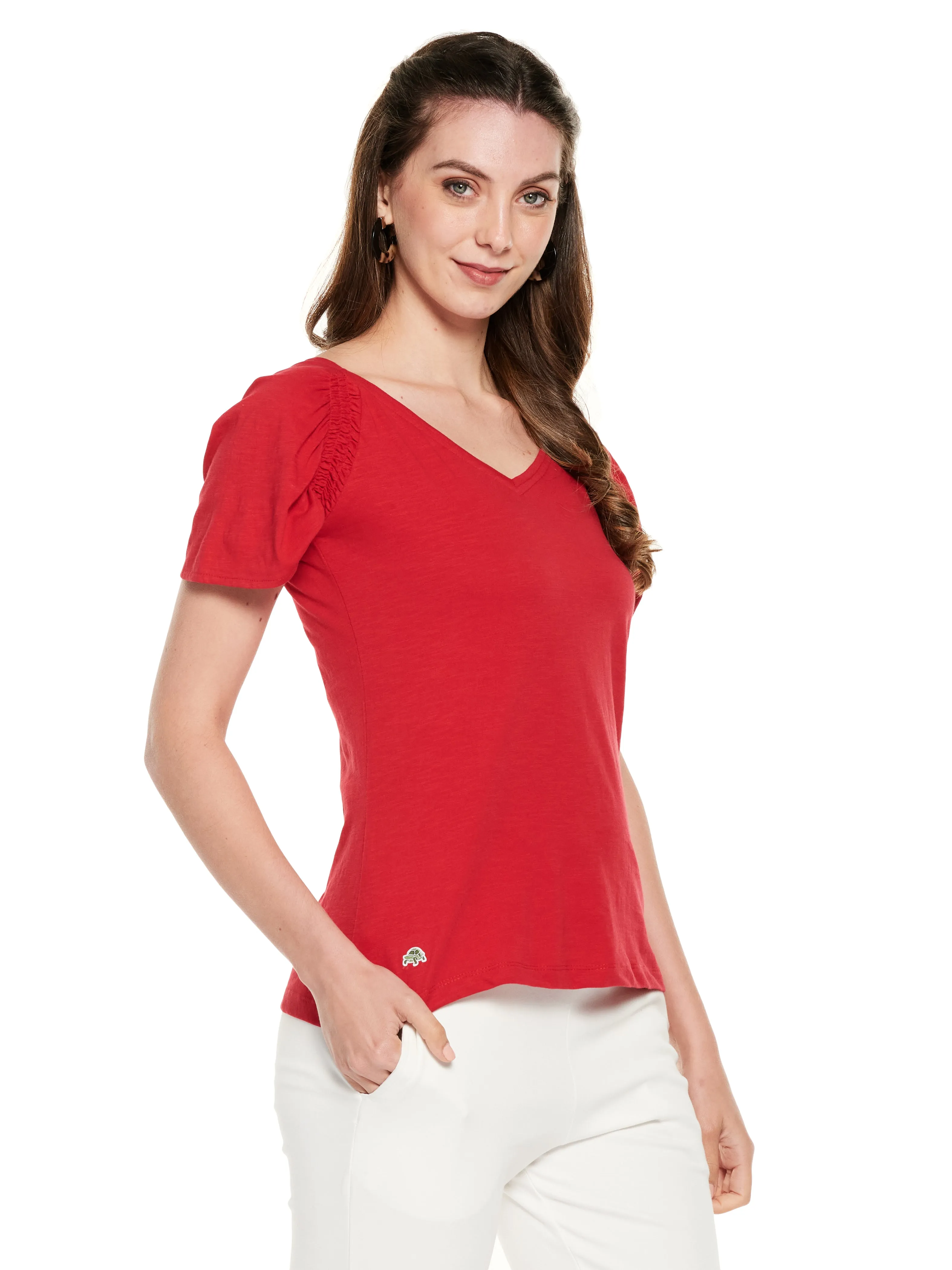 Smocked Sleeve Cotton Slub Top