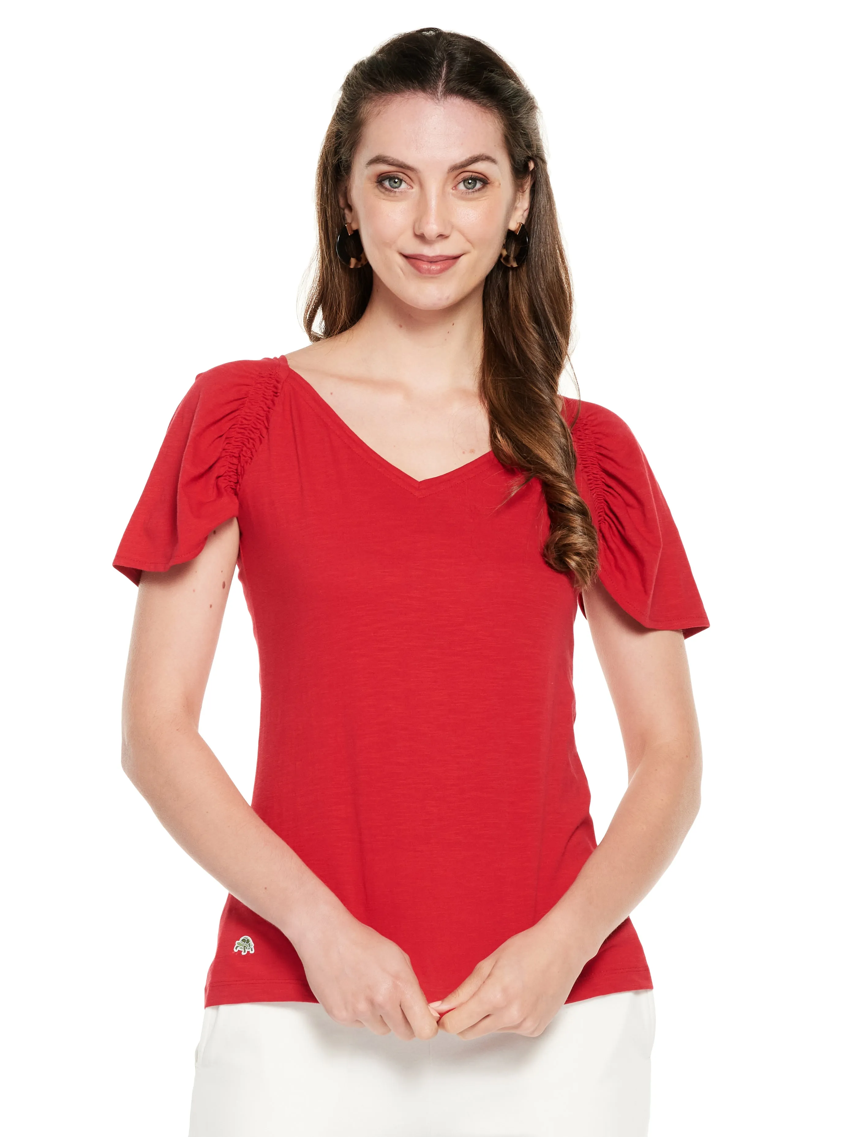 Smocked Sleeve Cotton Slub Top