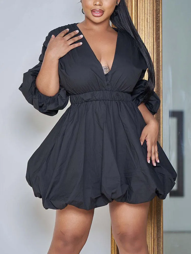 Solid Puff Sleeves Mini Dresses