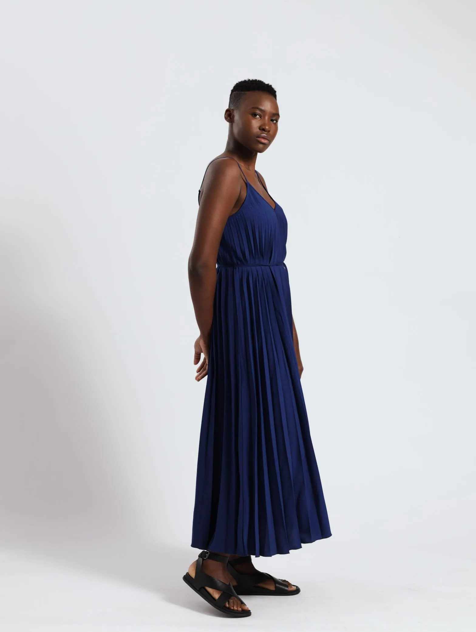 Strappy Pleated Sun Dress - Blue