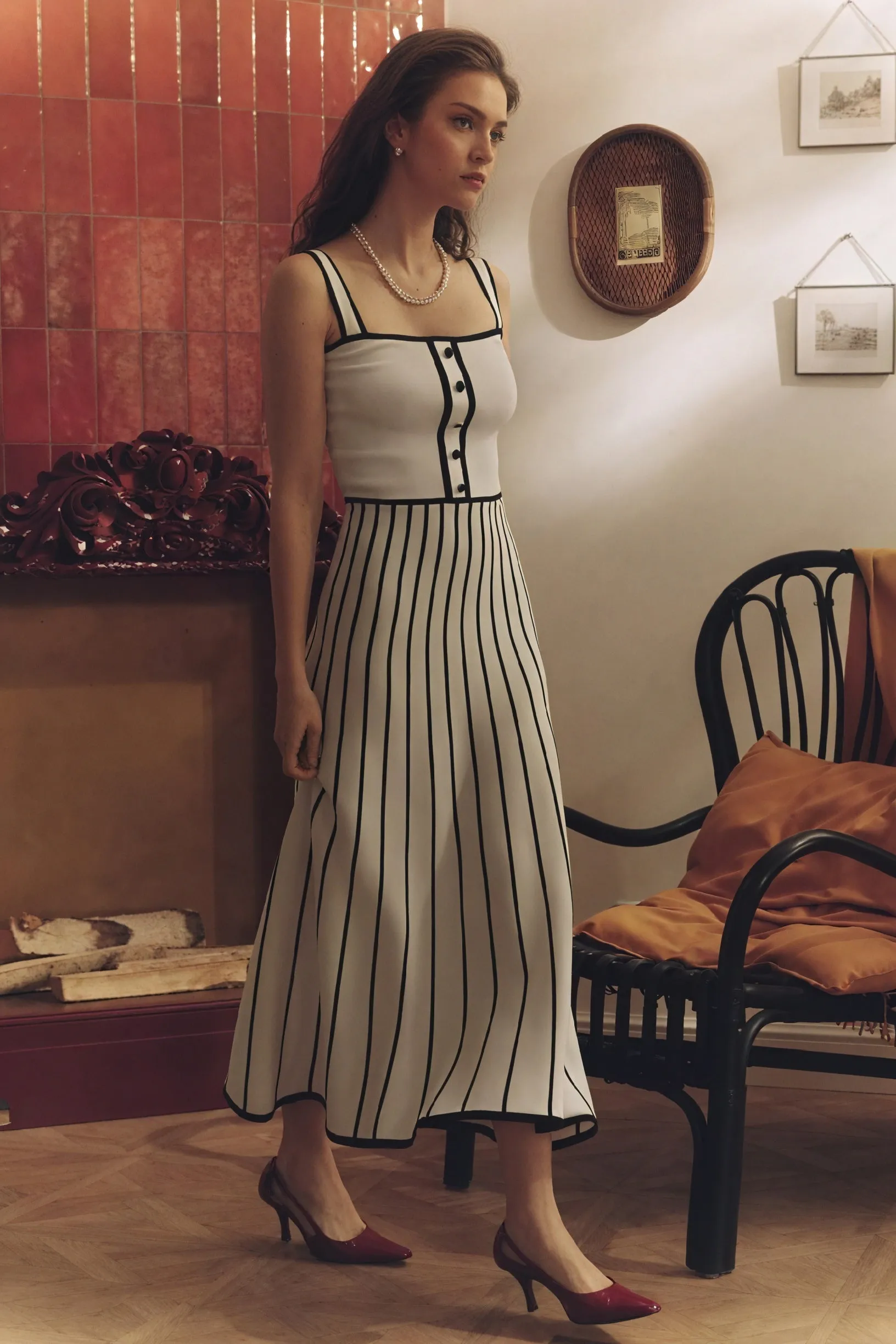 Striped Midi Dress with Button Detail