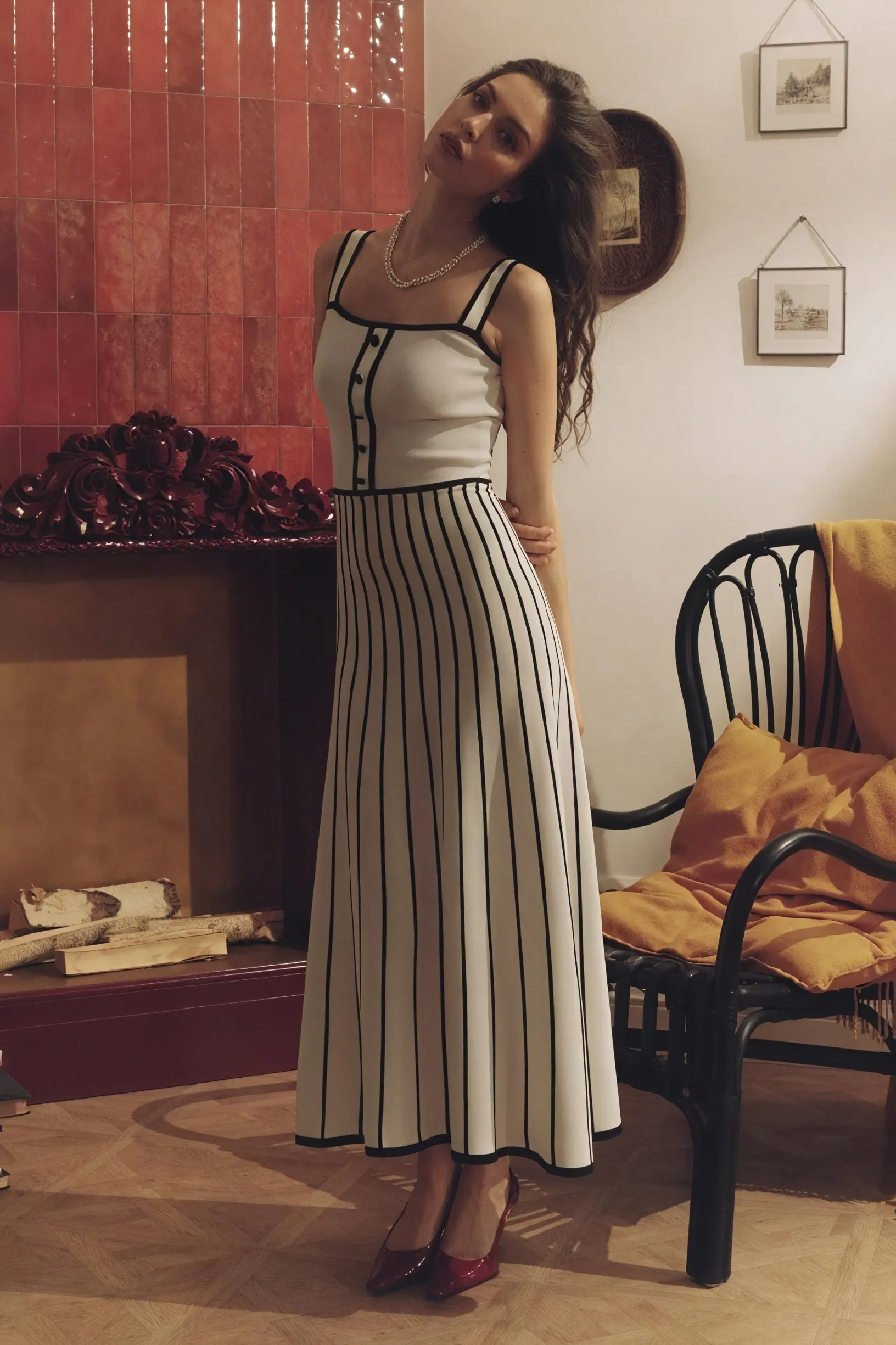 Striped Midi Dress with Button Detail
