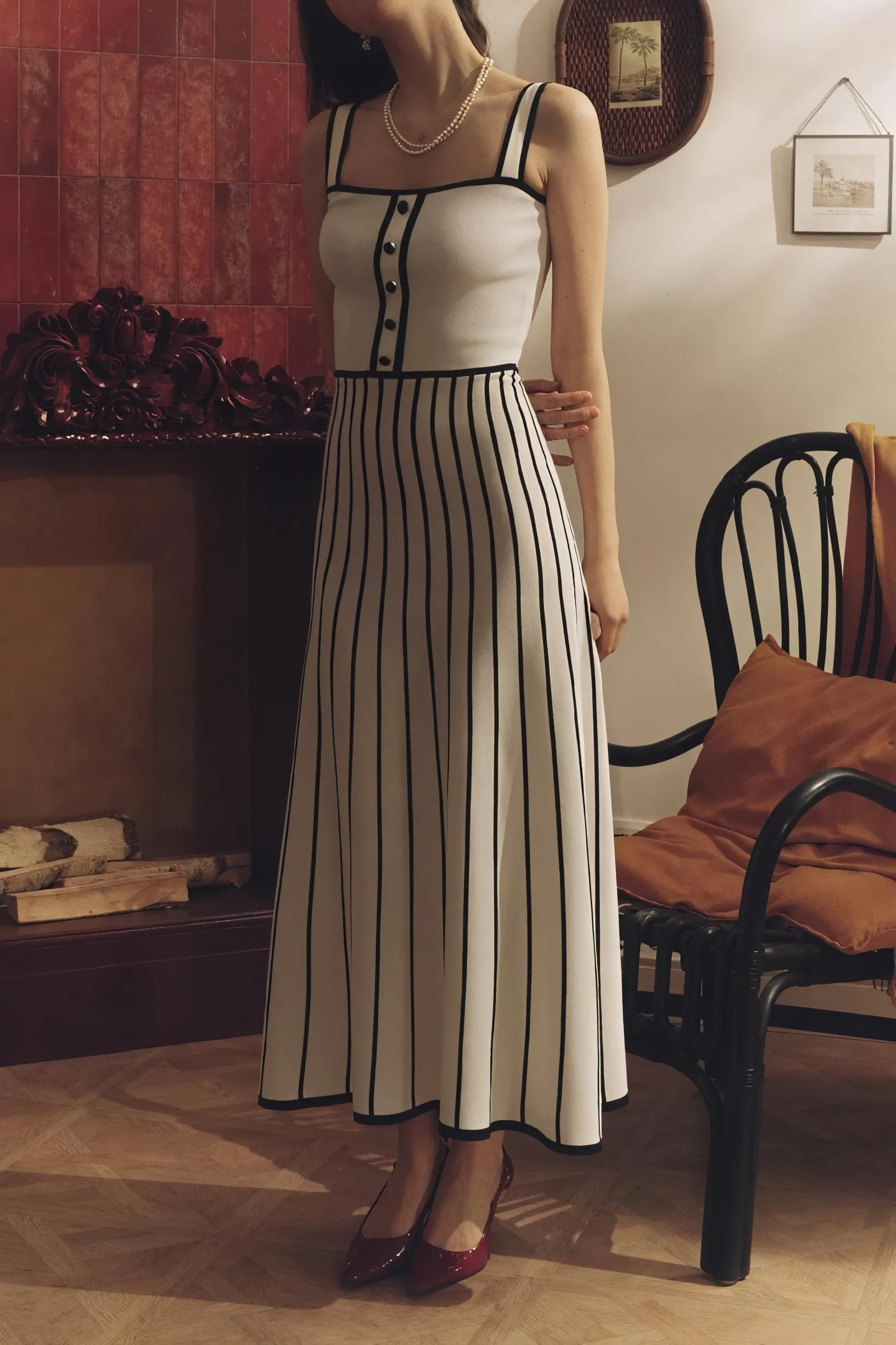 Striped Midi Dress with Button Detail
