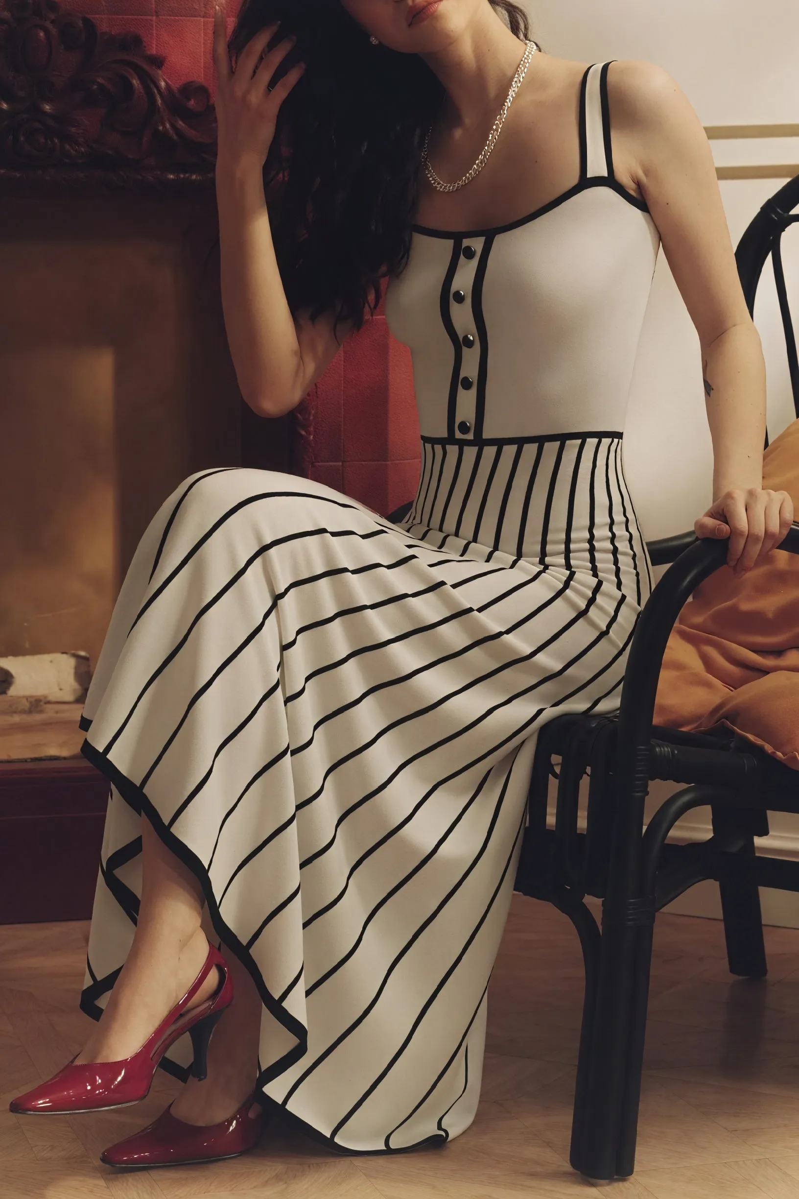 Striped Midi Dress with Button Detail