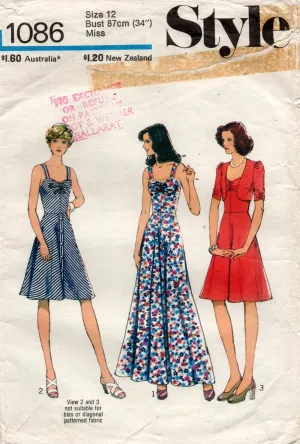 Style 1086 Womens / Junior Petites Ruched Bodice Dress or Maxi & Bolero Jacket 1970s Vintage Sewing Pattern Size 9JP or 12