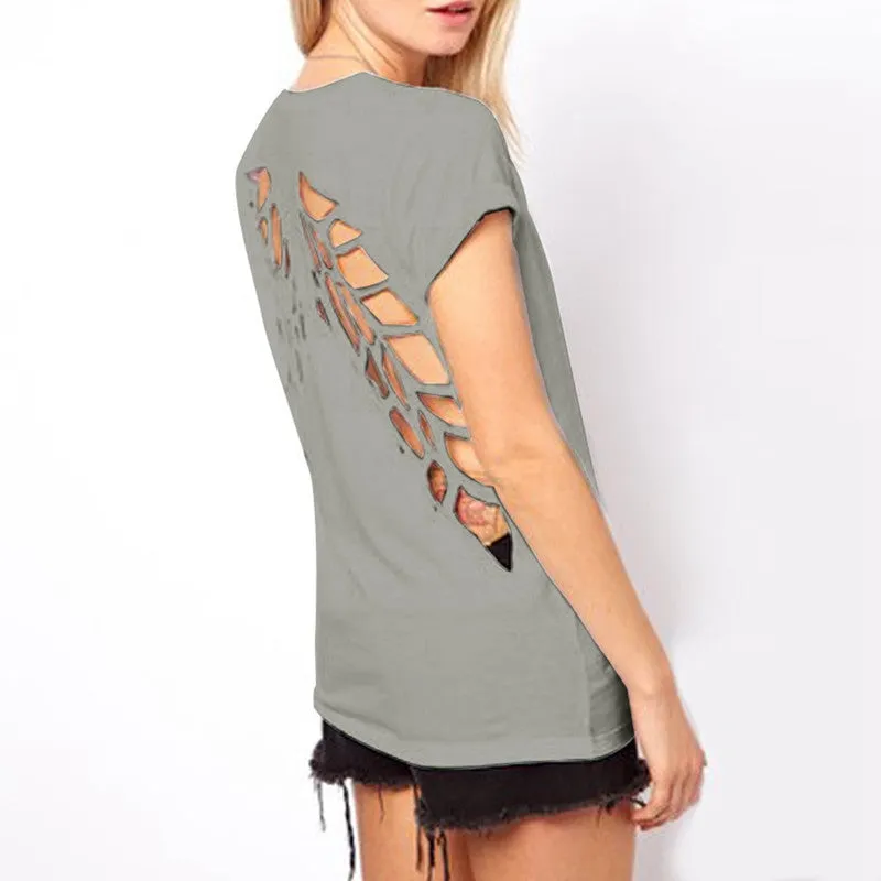 Summer T-shirts Angel Wings Short Sleeve 0-Neck Women Casual Shirts Backless Casual Tops Black White Plus Size S-XXXL