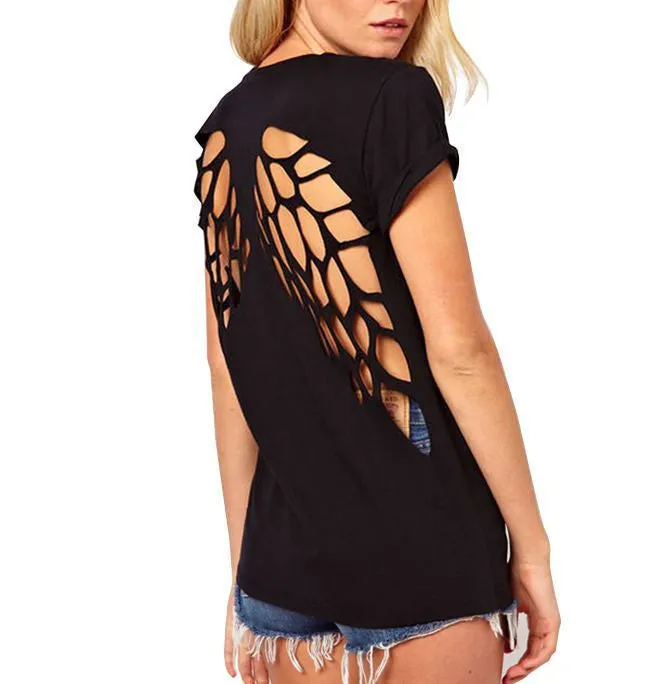 Summer T-shirts Angel Wings Short Sleeve 0-Neck Women Casual Shirts Backless Casual Tops Black White Plus Size S-XXXL