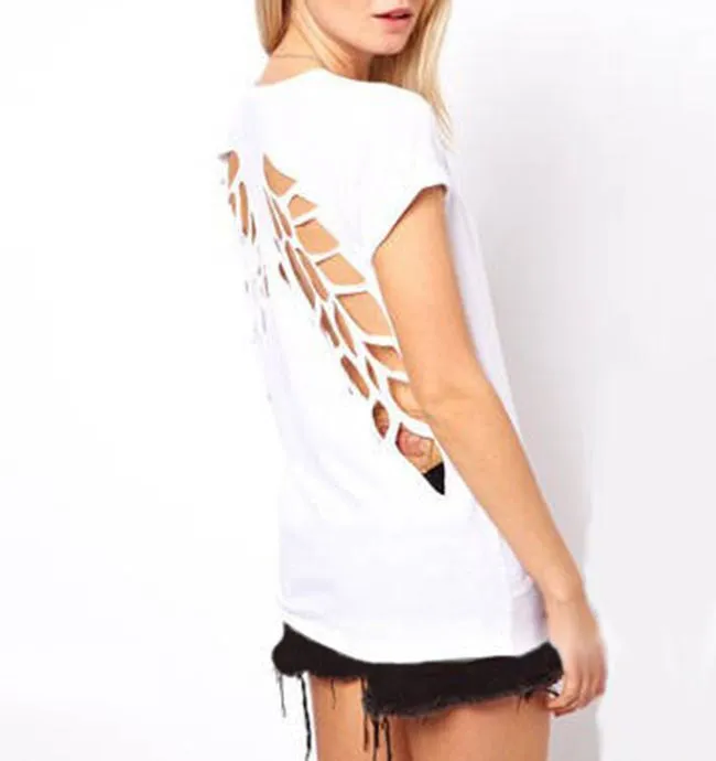 Summer T-shirts Angel Wings Short Sleeve 0-Neck Women Casual Shirts Backless Casual Tops Black White Plus Size S-XXXL